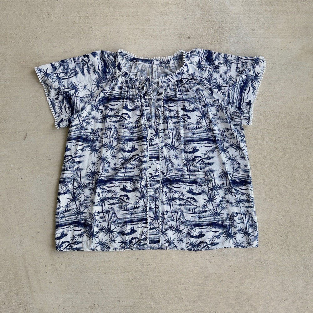 Belle + Isle By Torrid Palm Print Blouse Women's 2X 18 - 20 Coastal Navy White